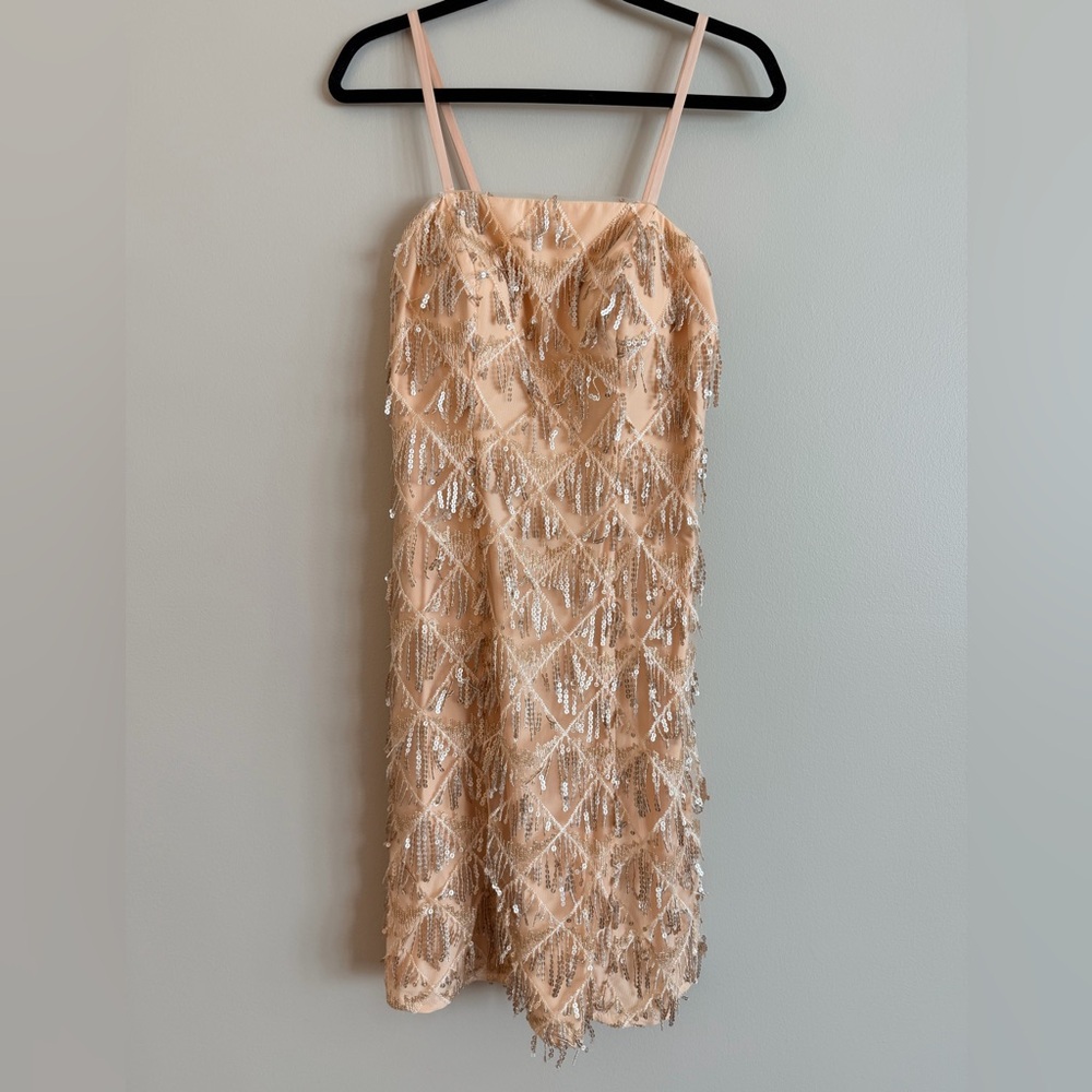 Sequin Fringe Mini Slip Dress in Beige